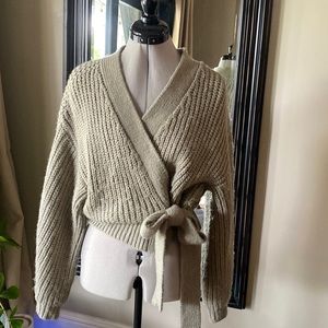 Zara wrap sweater cardigan sage green chunky ribbed knit V-neck oversized S